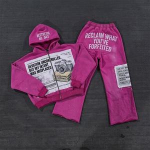 Custom Heavyweight <b>Retro</b> Acid Wash Rhinestone <b>Tracksuit</b> Men Streetwear Vintage Graphic Print Applique Patch Hoodie Set Jogger - Product Image 4