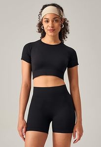 Ensemble de yoga noir 2 pièces : Haut court côtelé à col rond et short taille haute en Spandex/Nylon, sans couture, couleur unie, tenue de sport - Product Image 2