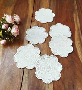 Handmade Unique Design Flower Shape white pearl <b>beaded</b> coasters - Set of 6 by Creative Art Zone - Product Image 5