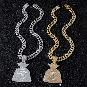 Collares con colgante de bolsa de dinero y signo de dólar, estilo 'Iced Out', chapados en oro de aleación, con cristales, cadenas cubanas, joyería de personalidad Hip Hop con dije de bolso - Product Image 1