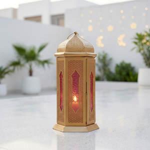 Fabricants de décorations de table pour la maison Ramadan 2027, lanternes à bougies en verre coloré et métal doré - Product Image 1