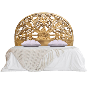Cabecero de Cama Queen Size Tallado a Mano en Madera con Diseño de Media Luna y Acabado Dorado, Estilo Balinés, Arte en Madera para Colgar en la Pared - Product Image 1