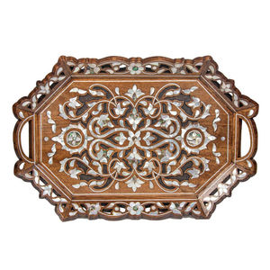 Plateau décoratif marocain rond en bois fait main, plateau de service pour table basse ou ottoman, avec motif floral blanchi à la chaux - Product Image 2