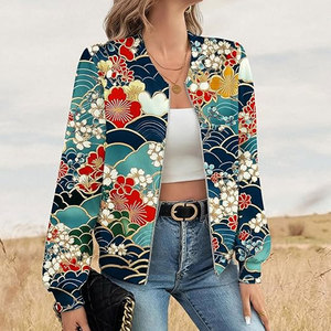 Floral Print Sheep Skin Bomber <b>Jacket</b> Casual Vintage Single Button <b>Lightweight</b> Coat Stylish Everyday Fashion Comfortable <b>Ladies</b> - Product Image 3