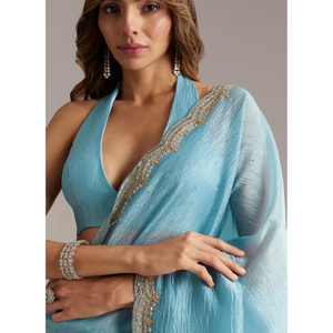Sari traditionnel élégant en coton bleu pastel pour filles, collection pour les fêtes, les mariages et les occasions spéciales - Product Image 4