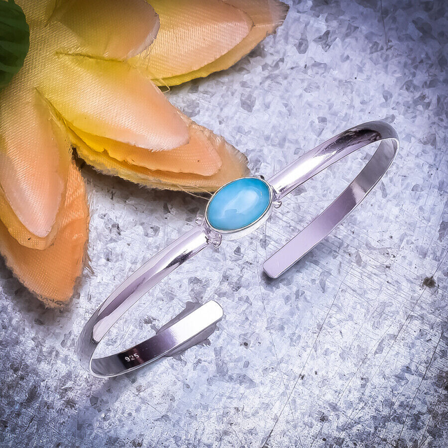 Blue Larimar Bracelet Cuff 925 Sterling Silver 7-8" Adjustable Cuff Gemstone Jewelry Gift for Her