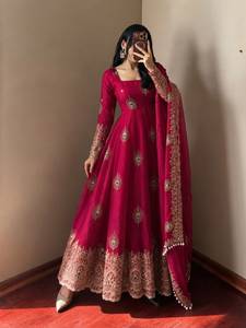 Women's Wedding Wear Fendy Silk Sequence Embroidery Work Regular Gown Bottom Suit Dupatta Sun Protection Quick Dry All Seasons - Product Image 1