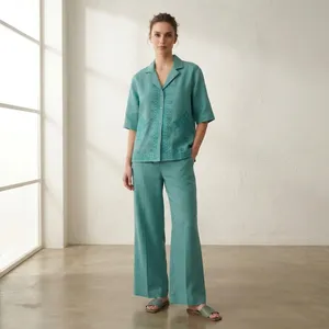 Ensemble coordonné en lin brodé bleu turquoise pour femmes, chemise à manches courtes, pantalon large, tenue décontractée élégante - Product Image 1