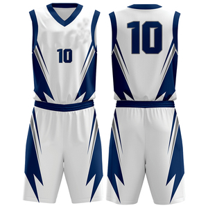 Conjunto de Uniforme de Baloncesto Sublimado Personalizado, Blanco y Azul Marino, Cuello en V, Sin Mangas, Absorbente de Humedad, con Número - Product Image 1