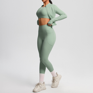 High Quality Three-Piece Fitness Yoga Set Long Sleeve <b>Zip</b>-<b>Up</b> <b>Jacket</b> Solid Pattern Inner Top Breathable Pocketed Yoga Pants - Product Image 5