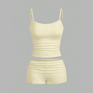 Women's 2 Piece Sports <b>Set</b> Solid Yellow Strapless Tank Top and Above Knee Shorts Breathable Knitted Activewear Spring Summer - Product Image 2