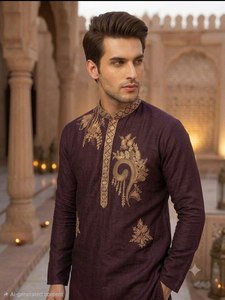 Kurta pour homme brodé bordeaux, haut formel pakistanais à manches longues, chemise de fête pour cérémonie de mariage - Product Image 3