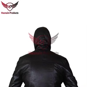 <b>Mens</b> <b>Real</b> <b>Black</b> Leather Hooded Jacket Burgundy Lining Bomber Cowhide Coat Rib Knit Cuff Custom Classic Winter Warm Outwear Style - Product Image 4
