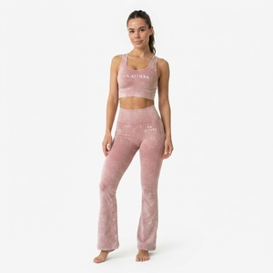 Women <b>Pink</b> Acid Wash Sports Bra Flare Leggings <b>Set</b> High Waist <b>Gym</b> Yoga Workout Activewear - Product Image 3
