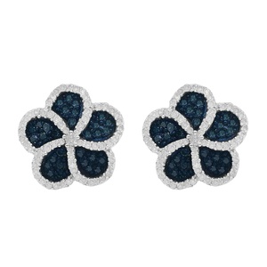Pendientes de tuerca finos de plata 925 de alta calidad 1,04 Ct tachuelas de flores de racimo de diamantes blancos y azules naturales - Product Image 1