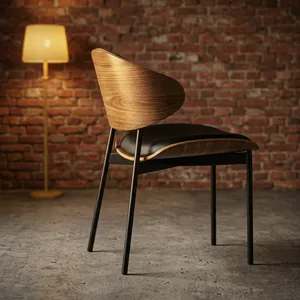 Modern Wooden Restaurant <b>Chair</b> with Curved Backrest Cushioned Seat and <b>Black</b> Metal Legs for Cafe Living Room Office Use - Product Image 6