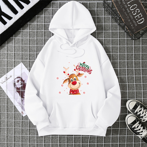 White Christmas Reindeer Printed Hooded Sweatshirt Unisex Casual Knitted Cotton Winter Hoodie Front Logo Design Regular Fit - Product Image 1