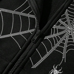 Sudadera con capucha personalizada Y2K 100% algodón con pedrería y cremallera, gráfico de telaraña, estilo gótico, ropa urbana para hombre, sudadera con capucha con cremallera y pedrería. - Product Image 3