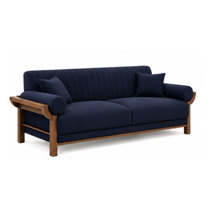 Sofá de 3 Plazas de Madera de Teca Sólida de Lujo con Tapicería Azul Marino, Muebles Modernos para Sala de Estar, Vestíbulo de Hotel, Apartamento, Villa - Product Image 2