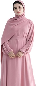 Robe longue modeste à coupe trapèze avec col rond et manches longues en crêpe rose uni pour femme - Product Image 3