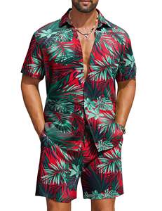 Conjunto de camisa y pantalones cortos con estampado de hojas tropicales rojas para hombre, conjunto de verano para vacaciones en la playa de poliéster - Product Image 6