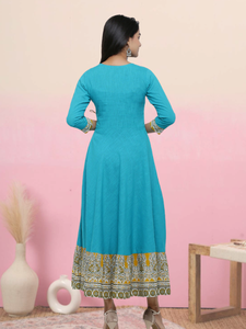 Womens Teal Cotton Blend Kalamkari Printed Kantha Work Flared Angrakha Style Anarkali Kurta With V Neck <b>Three</b> Fourth Sleeves - Product Image 6