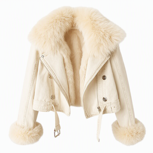Blouson moto en jean crème pour femme avec col et poignets en fourrure de renard, manteau court d'hiver, fermeture éclair, coupe-vent, doublure épaisse en fausse fourrure - Product Image 1