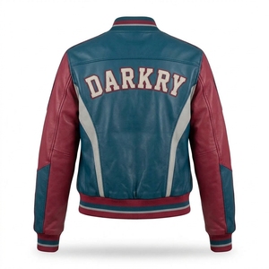 Multicolor Teal Red <b>Women</b> Genuine <b>Leather</b> <b>Bomber</b> Varsity <b>Jacket</b> Custom Letterman Snap Button Ribbed Outerwear OEM Factory - Product Image 2