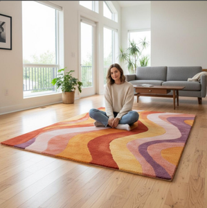 Tapis en laine fait main noué à la main, abstrait, multicolore, vibrant, écologique, antidérapant, style moderne, pour enfants, usage commercial, taille personnalisable - Product Image 4