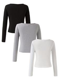 Trois tenues 2026 pour grandes filles, avec un t-shirt ajusté à manches courtes et un col carré côtelé fin – C'est une pièce polyvalente - Product Image 3