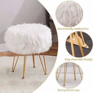 Round Furry Vanity Stool with Marble Tray Compact Soft Makeup Seat Faux Fur Storage Ottoman 4 Metal Legs - Product Image 5