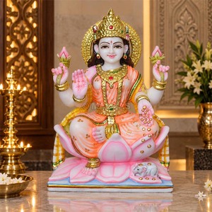 Estatua de Lakshmi Mata sentada sobre un loto, de mármol |   Murti de la Diosa Lakshmi Hecho a Mano para Templo en Casa – Maliyas - Product Image 1