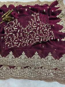 Suministro al por mayor de Saris Madhurika de Chiffon de Lujo con Bordado de Lentejuelas, C Pallu, Trabajo de Hilos Múltiples, Borde con Corte Arco y Blusa Bordada - Product Image 4