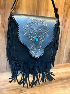 Handmade Black Genuine Leather Fringe Crossbody Bag with Turquoise <b>Stone</b> & Studded Floral Tooled Flap | Western Boho Shoulder Pu - Product Image 1