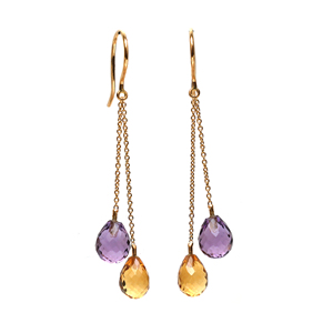 Boucles d'oreilles pendantes en améthyste naturelle et citrine en or jaune massif 18 carats – Chaîne à plusieurs niveaux avec pierres précieuses, crochets pendulants, pour les naissances de février - Product Image 2