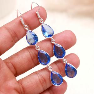 Swiss Blue Topaz Gemstone 925 Sterling <b>Silver</b> <b>Dangle</b> <b>Earrings</b>, Pear Shape Faceted Triple Drop <b>Earrings</b>, Elegant Handmade Jewelry - Product Image 2