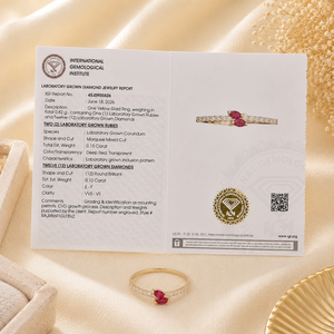 แหวนผู้หญิงคุณภาพสูง ทองคำแท้ 14KT สีเหลือง ประดับเพชรเลี้ยงในห้องปฏิบัติการและทับทิมสีแดงเลือดนก ดีไซน์เรียบหรู รับรองโดย IGI - Product Image 6