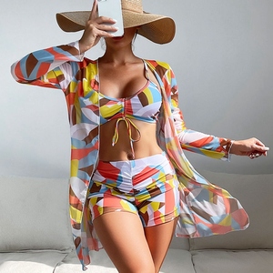 19 Different Colors Summer High Quality Floral Print High Waisted Swimwear 3 Piece Set - Product Image 6