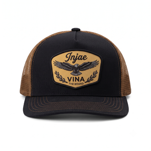 Casquette Snapback Western Rodeo structurée à visière incurvée, avec logo brodé personnalisé, patch tissé, 100% coton, panneau arrière en maille noire et marron - Product Image 1