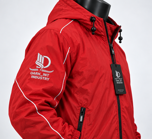 OARH_INT INDUSTRY Men's <b>Red</b> Hooded <b>Windbreaker</b> Jacket Windproof Polyester Casual Autumn Wear Front Logo Zipper Closure - Product Image 3