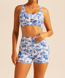 Nouvel ensemble de yoga tendance pour femme, imprimé floral, short taille haute, débardeur court dos nageur, respirant, en Spandex et Polyester, ensemble 2 pièces - Product Image 4