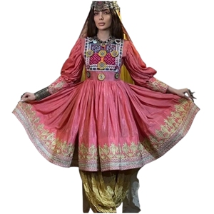 Robe afghane en gros pour femmes, longueur genou, manches bouffantes, style bohème vintage, ligne A, brodée, en polyester, pour fêtes et mariages - Product Image 1