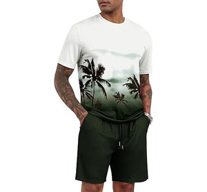Ensemble T-shirt et short imprimés pour homme, col rond, tenue décontractée d'été, impression par transfert par sublimation, respirant, tricoté, 100% coton satiné - Product Image 1