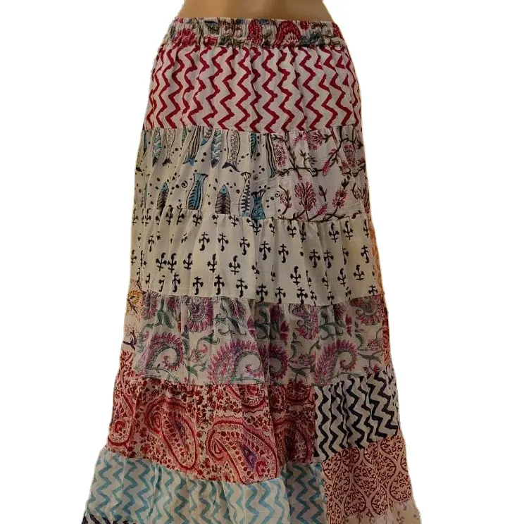 Indian Block Print Baumwolle Full Flair Multi Patch die ganze Saison tragen hand wasch bare Frauen afrikanischen langen Rock