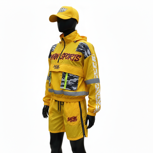 Conjunto corto de nailon premium cortavientos, tela ligera, diseño de paneles amarillos y negros, logotipo personalizado con serigrafía, talla grande - Product Image 5