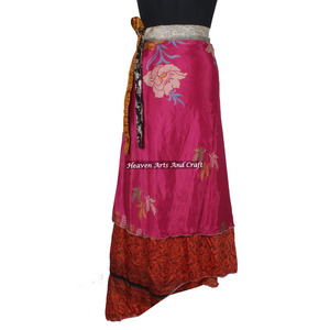 Two-Layer Vintage Silk Sari Reversible Wrap <b>Skirt</b> for Women <b>Long</b> Length Bohemian Sexy Maxi Dress for <b>Summer</b> - Product Image 2