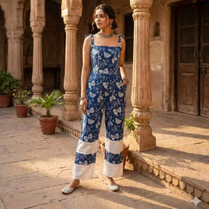 Combinaison imprimée numérique bleu indigo, salopette en coton à jambes larges pour femme, combishort bohème d'été, ethnique indien, manches 3/4, taille naturelle - Product Image 5