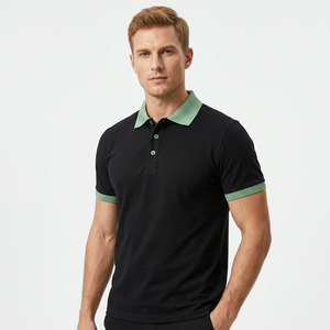 <b>Men's</b> Black <b>for</b> <b>Shirt</b> Green Collar Cuffs Short Sleeve Regular Fit Solid Color Casual Knit Pique Fabric 100% Cotton Anti-Wrinkle - Product Image 5