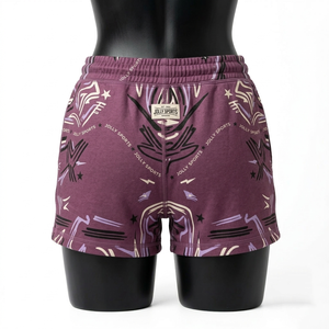 Shorts de mujer tipo booty, 240 GSM, poliéster y spandex, color borgoña, estampado gráfico, elásticos, con logo personalizado. - Product Image 4