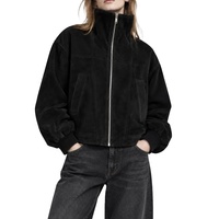 Blouson bomber en daim noir personnalisé pour femme, col montant, fermeture éclair, vêtement d'extérieur décontracté avec poche pour l'automne et l'hiver